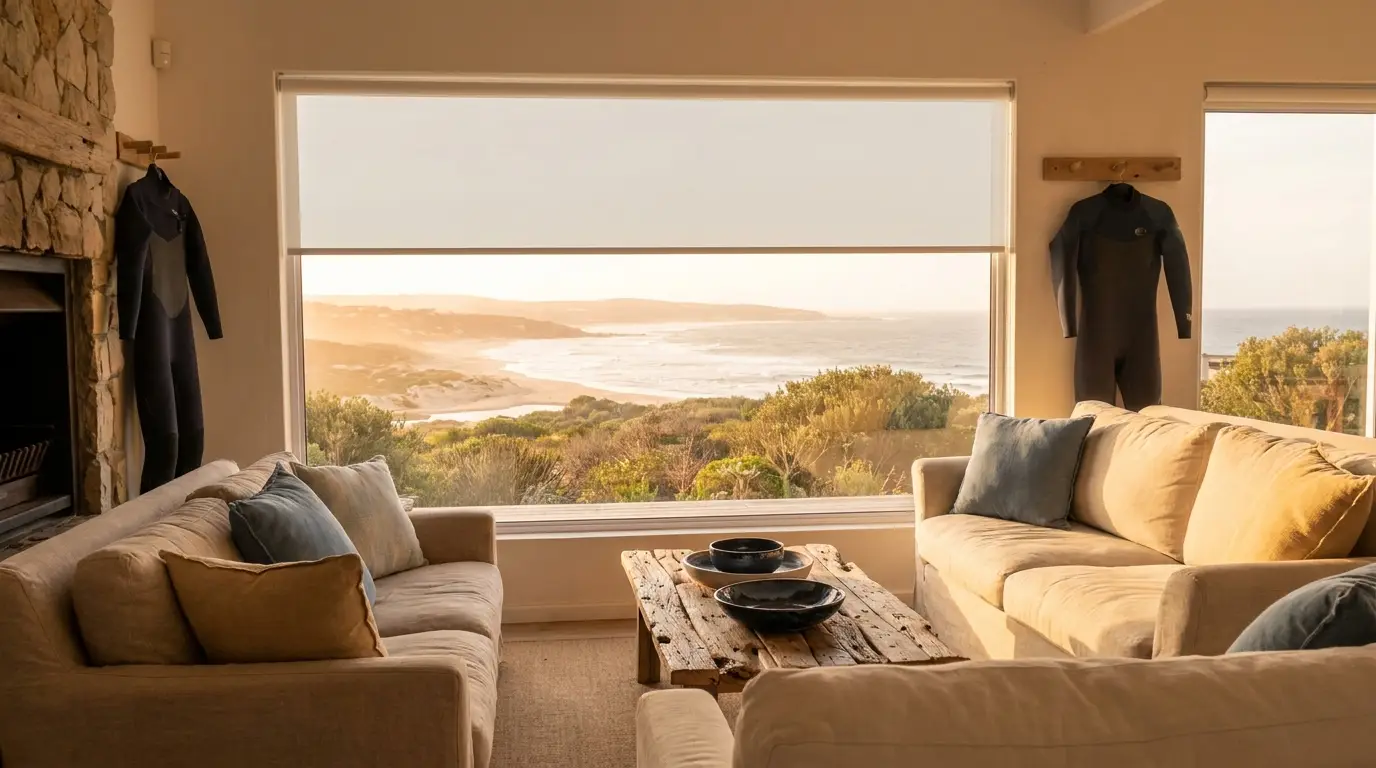 Beach-house living room in Plettenberg Bay at golden hour with a flat white roller blind raised above a picture window overlooking dunes and the ocean, wetsuits hung beside the window, linen sofas