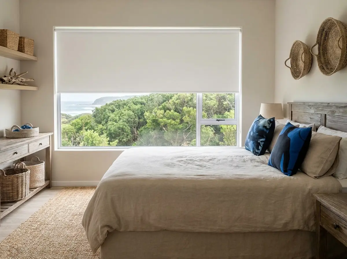 Plettenberg Bay bedroom with a flat white roller blind half-lowered over a window framing coastal forest and sea glimpse, linen bedding with navy accent cushions